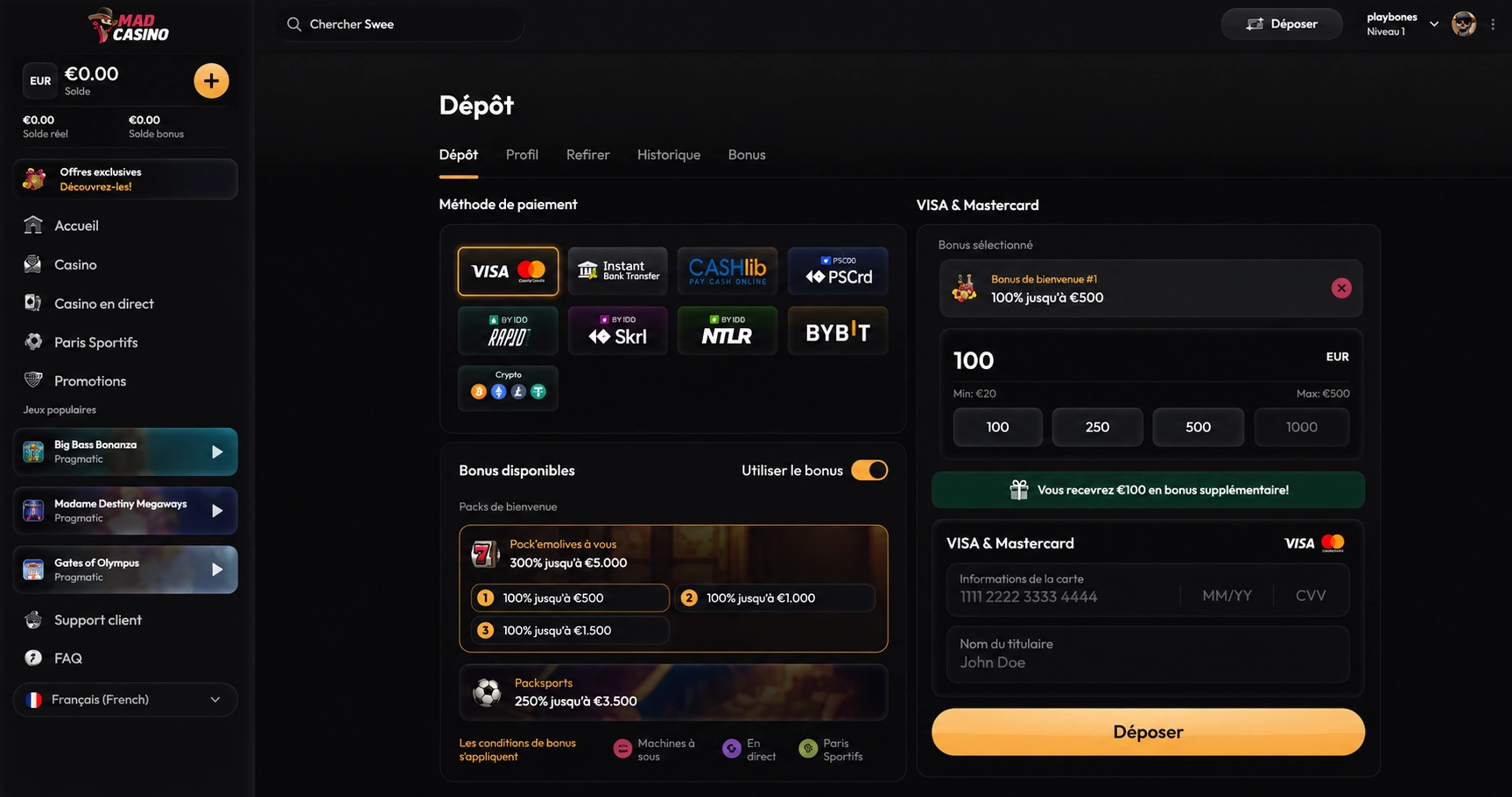 Mad Casino bonus — saisie des informations de paiement et validation