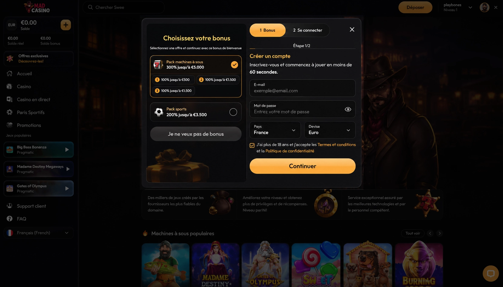 Mad Casino bonus — première étape du formulaire d'inscription