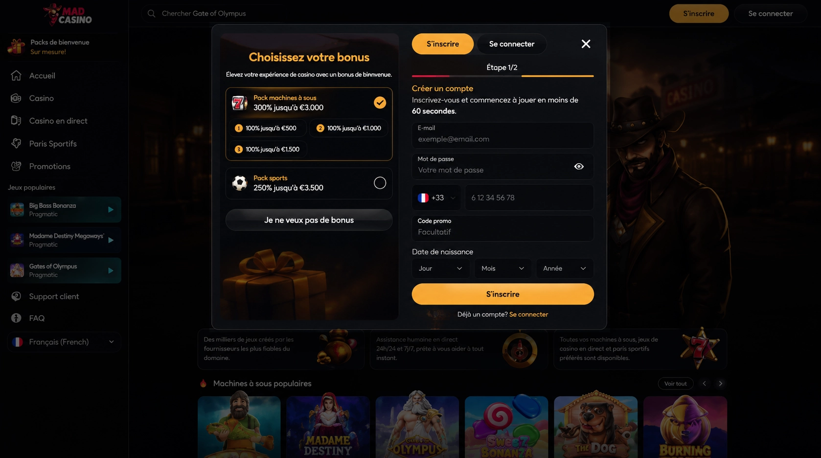 Mad Casino bonus — saisie des informations personnelles lors de l'inscription