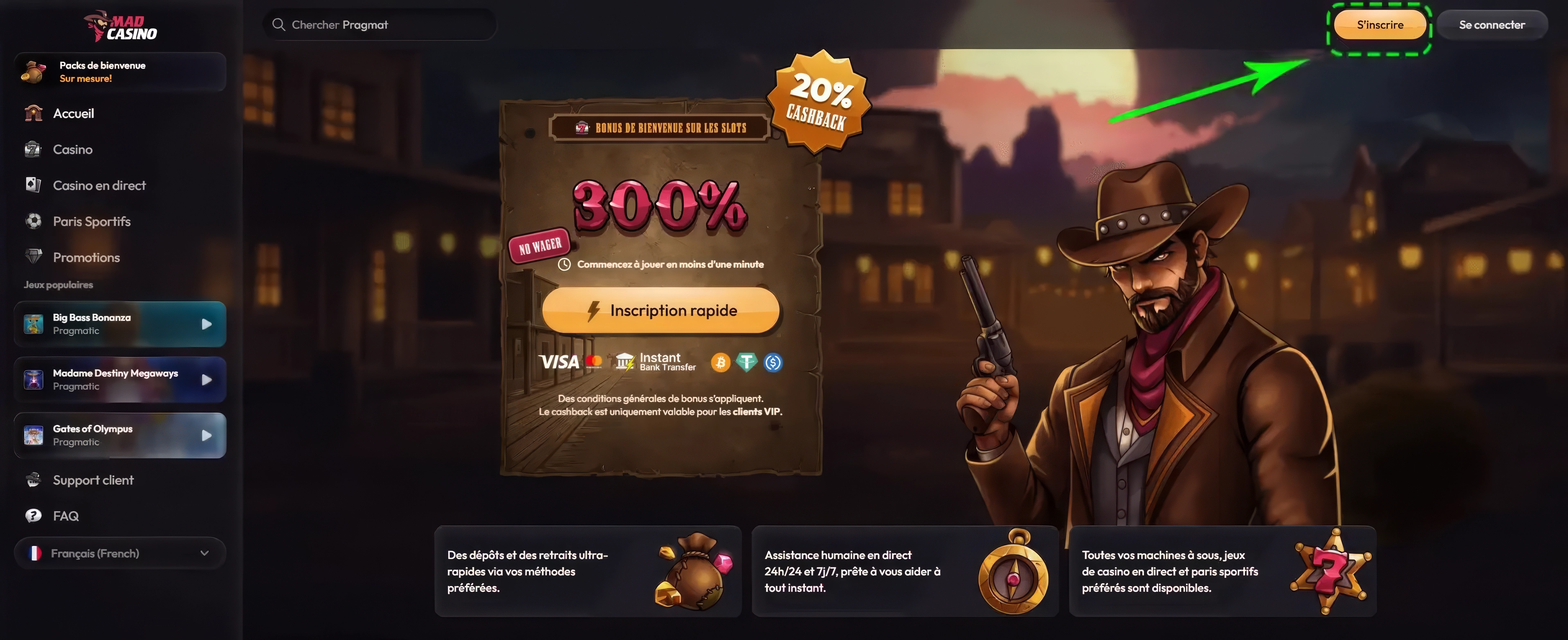 Mad Casino bonus — bouton Inscription orange sur la page principale